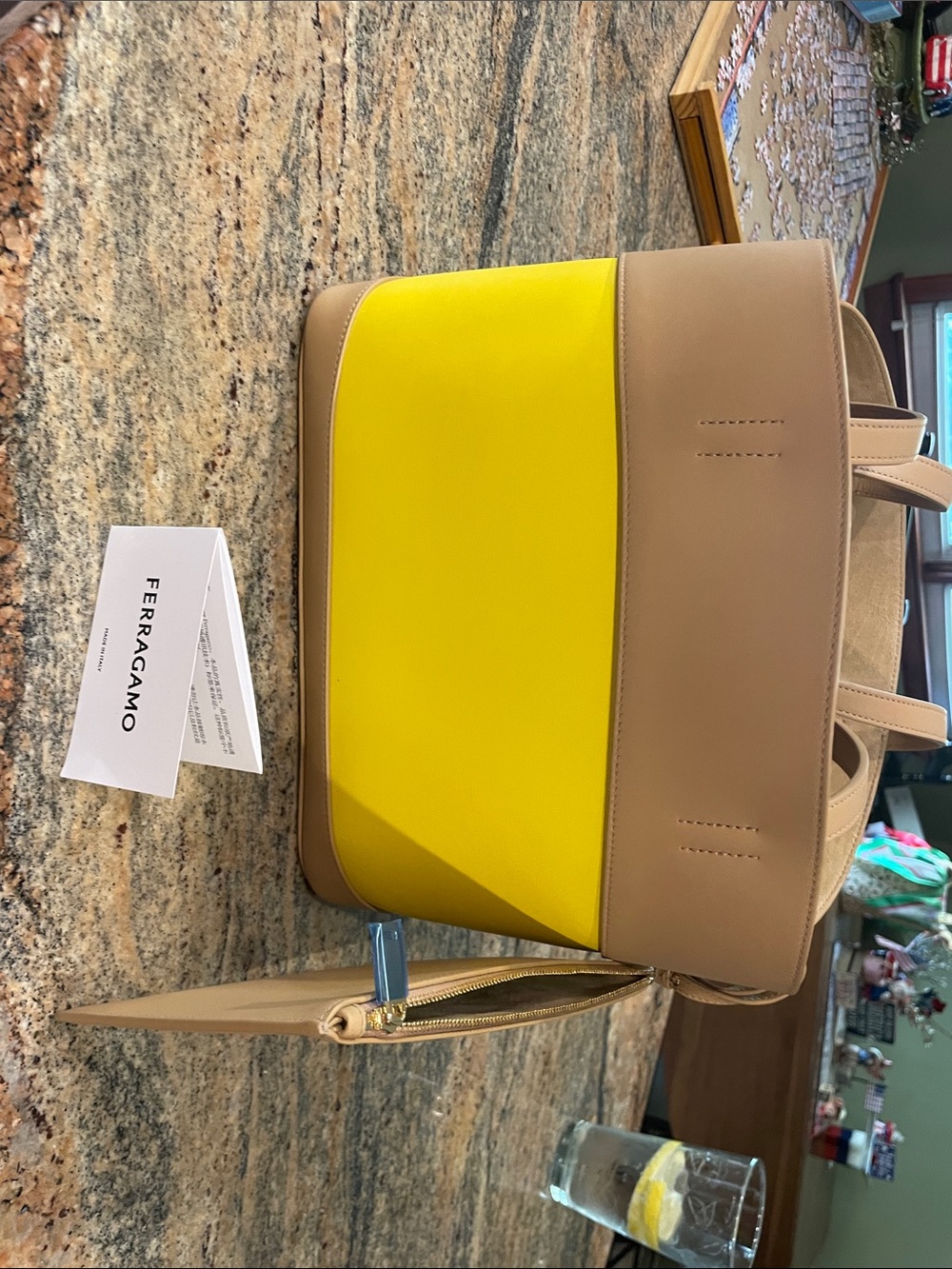 Brand new. Salvatore Ferragamo Yellow and Tan Colorblock Leather Tote with Pouch